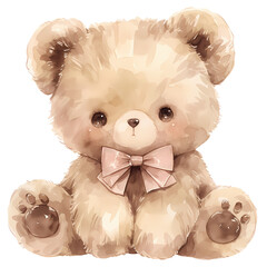 Adorable tan teddy bear with a pink bow, sitting and looking forward.  Soft, sweet, and charming.
