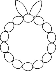 Spring egg wreath with rabbit ears coloring page design isolated.
Easter egg wreath with bunny ears outline flat vector.
Good for greeting card,poster, banner,craft and DIY.
Transparent background.