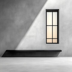 Minimalist interior with a black bench and a modern window casting dramatic light.