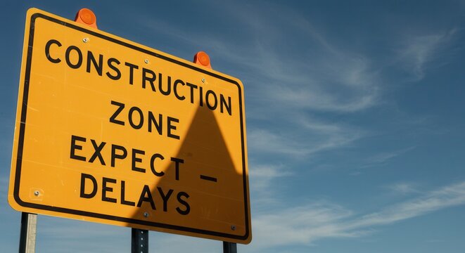 Construction Zone Sign Expect Delays with Blue Sky Background Warning