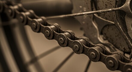 Close-up of Vintage Bicycle Chain with Sepia Tone and Detailed Links