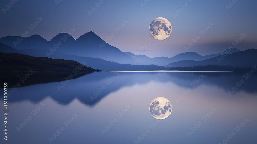 Poster a still lake reflecting a full moon, with no other objects in sight