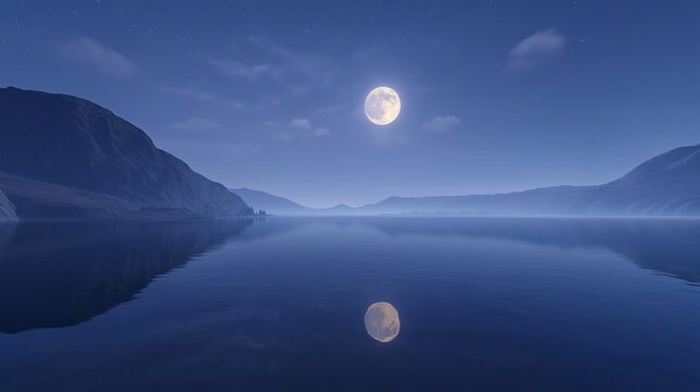A still lake reflecting a full moon, with no other objects in sight