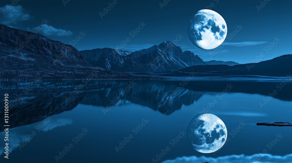 Poster a still lake reflecting a full moon, with no other objects in sight