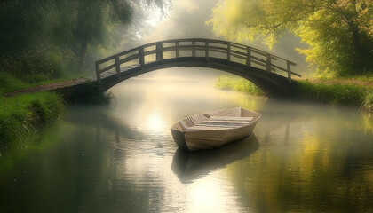Fototapeta premium Misty Morning, Wooden Bridge, Calm Canal