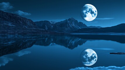 A still lake reflecting a full moon, with no other objects in sight
