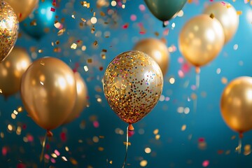 Gold and teal balloons with confetti.