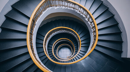 Fototapeta premium A symmetrical spiral staircase viewed from above.