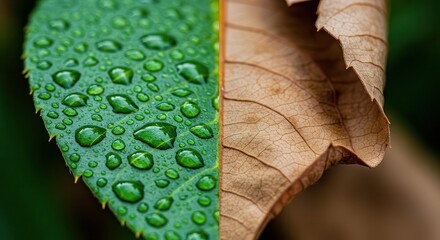 Contrasting Leaf Half Green with Water Droplets and Half Brown