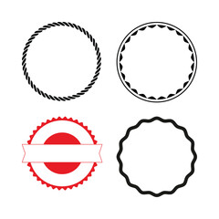Blank stamp icons and seals with circular frame designs, scalloped edges, wavy borders, and minimalist vector graphics