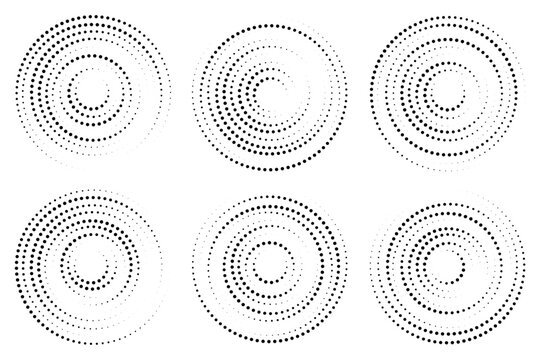 Dotted halftone concentric circles radiating from center to periphery. High speed connected in radial circle. Simple vector elements for designing advertisements and banners of racing and sport