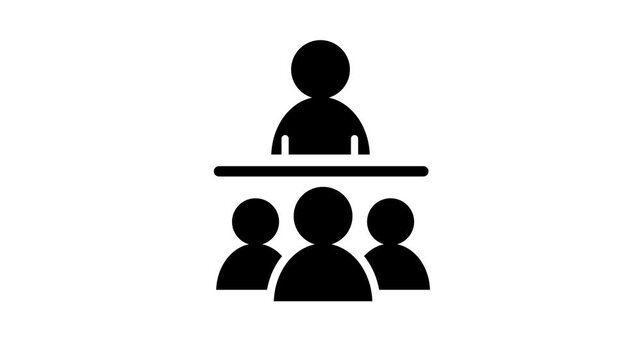 Training icon, coaching concept, teacher and learner, presentation, conference, lesson, seminar, education symbol. Glowing neon line of animated training icon.