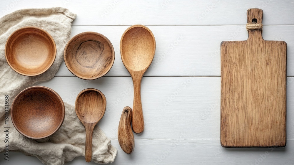 Poster various wooden bowls and spoons are thoughtfully placed on a light-colored surface alongside a cutti