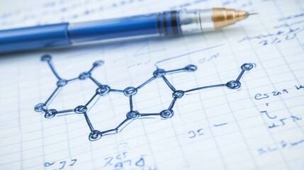 Detailed Pen Drawing of Molecule on Scientific Notepad Page
