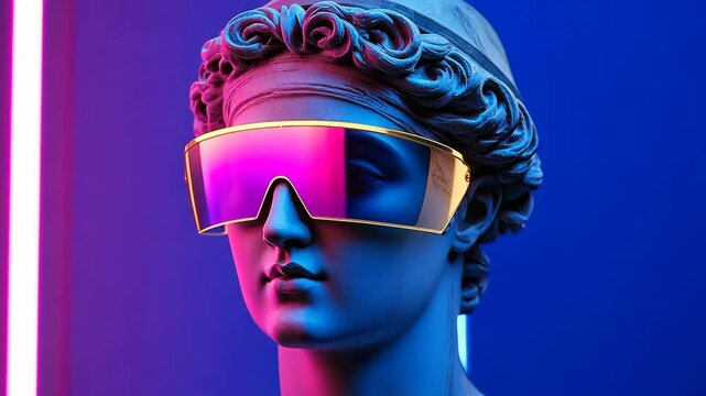 Classical statue wearing futuristic neon sunglasses in bold blue and pink lighting. 4K video