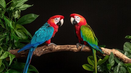 Obraz premium Two vibrant macaws perched on a branch, facing each other against a black background with lush green foliage.