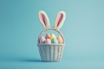 Pastel Easter eggs in a wicker basket with fluffy bunny ears, set against a light blue background. Festive spring holiday decoration.