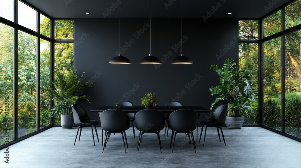 Aufkleber empty modern space features a stylish black table and chairs, seamlessly blending indoor and outdoor