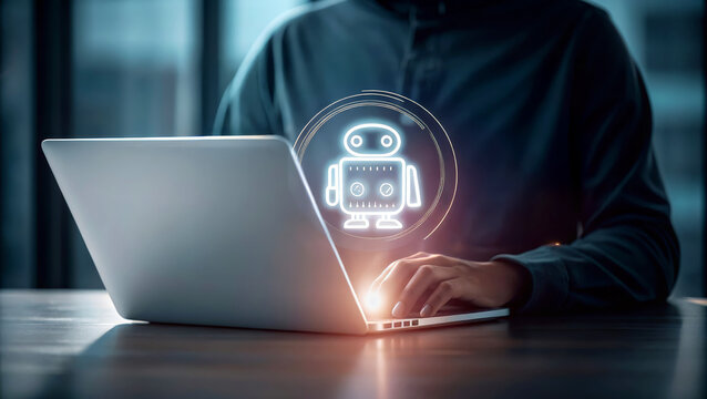 AI agent concept. Person using a laptop with a floating robot graphic above.
