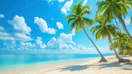 Tropical Harmony: A harmonious scene of a vibrant beach with palm trees and a brilliant blue sky, perfect for relaxation