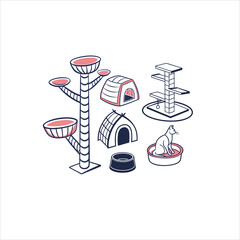 Modern Cat Furniture and Accessories Vector Illustration