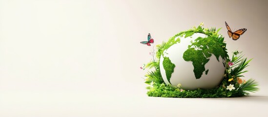 A globe surrounded by greenery, flowers, and butterflies, symbolizing nature and environmental awareness.