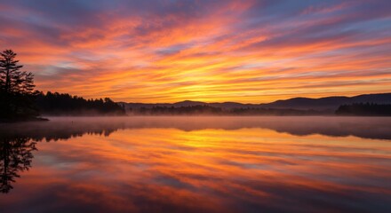 Naklejka premium Captivating Lake Reflection at Sunrise with Orange Sky and Forest