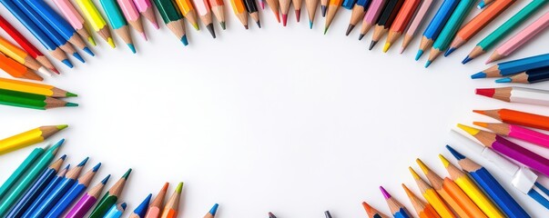 Fototapeta premium A vibrant close-up of a circle of assorted colored pencils arranged neatly on a clean white surface, showcasing their vivid hues and sharpened tips, inviting creativity.