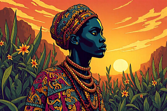 African lifestyle. Agriculture woman in the flowers field in high temperature of the day. temperature, hot, warm tone, hope, necklace, mood and tone, day, boho, eyes, looking, evening, sunset, life.