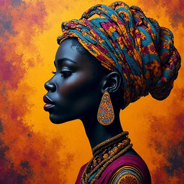 Spirituality enlighten or ritual African naive art eomtion concept the woman close eyes and have colorful aura light behide her head is very omtion peaceful of art feling for print and decorate work .