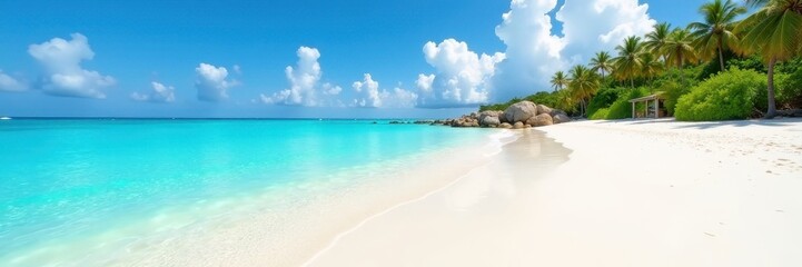 Fototapeta premium Azure shallows lap pristine white sand, vibrant turquoise hues , coast, underwater