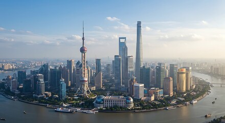 Obraz premium Cityscape View of Tall Buildings Along River Under Blue Sky