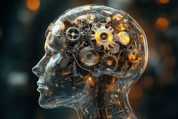 A 3D render of a futuristic AI brain, with metallic gears seamlessly rotating within its transparent head structure
