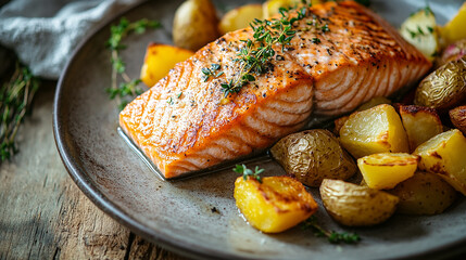 A photo of large fillet pieces of perfectly seared salmon, nestled on top of colorful, rustic potatoes and vegetables on an elegant white plate with golden-brown edges. The dish is set against the bac