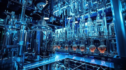 Fototapeta premium A futuristic laboratory with intricate glass apparatus and illuminated blue hues, showcasing scientific processes and chemical experiments.