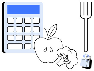 Calculator, apple, broccoli, fork, and shopping bag promote ideas of budgeting healthy eating. Ideal for nutrition planning, budgeting meals, healthy lifestyle, grocery shopping diet tracking