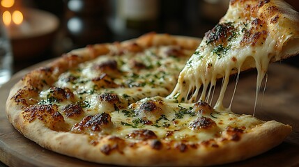 Warm gooey cheese stretching as a slice of pizza is pulled up creating a delicious image