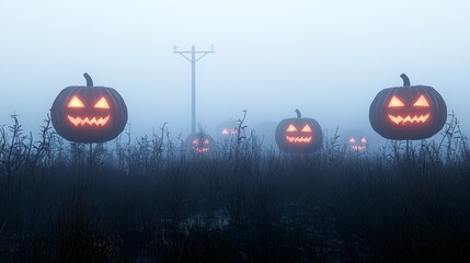 Spooky Halloween Pumpkins in Foggy Field at Night