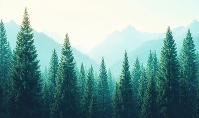 Fototapeta premium Misty mountain sunrise viewed through evergreen forest