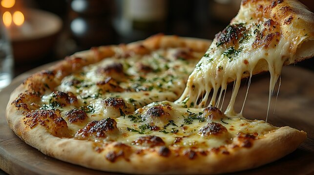 Warm gooey cheese stretching as a slice of pizza is pulled up creating a delicious image