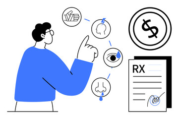 Individual pointing at icons for symptoms thumbs up head, eye, nose with prescription form and cost sign nearby. Ideal for healthcare, decision-making, treatment, symptom analysis, expenses