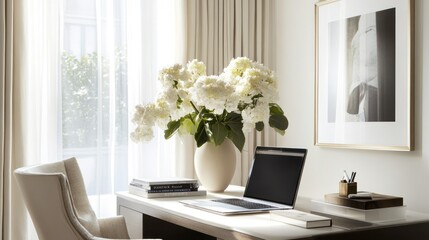 Modern home office with hydrangeas, laptop, natural light