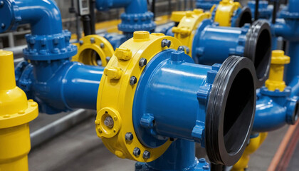 Industrial Precision: Close-Up of a Blue and Yellow Pipe with Valves. Generative AI