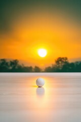 Golden sunset casts warm hues on serene landscape with lone ball