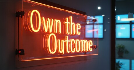 Neon sign own outcome radiant emerald fiery orange floating inside leadership training center softly reflecting high tech presentation screens