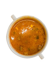 A portion of meat solyanka is isolated. Top view.