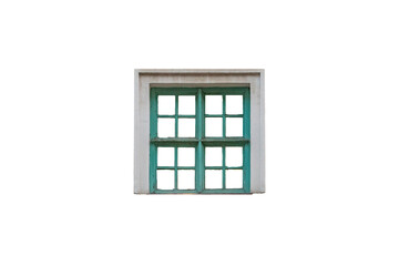 light green old classic wooden closed window with many panes is isolated.