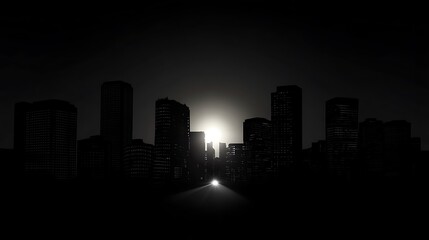A silhouette of a city skyline against a bright light, suggesting dawn or dusk.