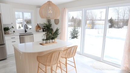 Fototapeta premium Modern Kitchen Renovation White Cabinets Quartz Countertops Island