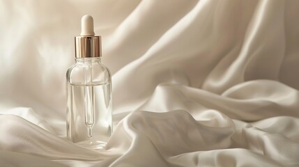 Naklejka premium Small elegant glass bottle with dropper containing clear liquid on neutral fabric, minimalist design with label-free simplicity, conveying calm and safety, ample copy space for text or design.